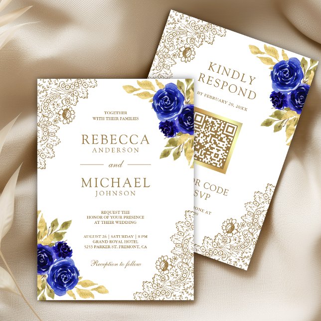 Invitation Bleu Royal Floral Doré Dentelle Blanche Code QR Ma (Créateur téléchargé)