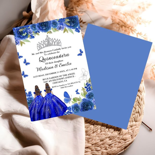 Invitation Bleu Royal Floral Papillon jumeau Quinceanera (Créateur téléchargé)