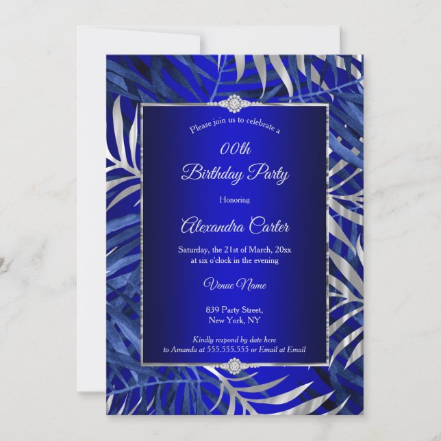 Invitation Bleu Royal Gris Argent Palmier Diamant Fête d'anni (Devant)