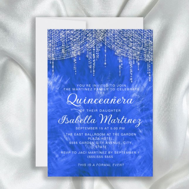 Invitation Bleu Royal Lumière de Chaîne en Argent Élégante Qu (Elegant royal blue and silver string lights Quinceañera invitation)