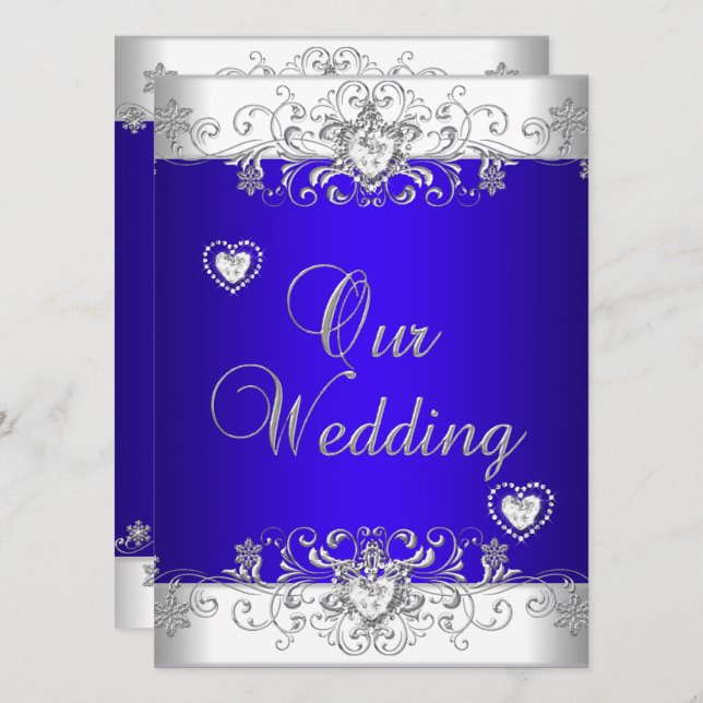 Invitation Bleu royal Mariage Diamant Cœurs Argent (Devant / Derrière)