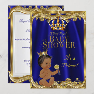 Invitation Bleu Royal Navy Or Prince Baby Shower Ethnique