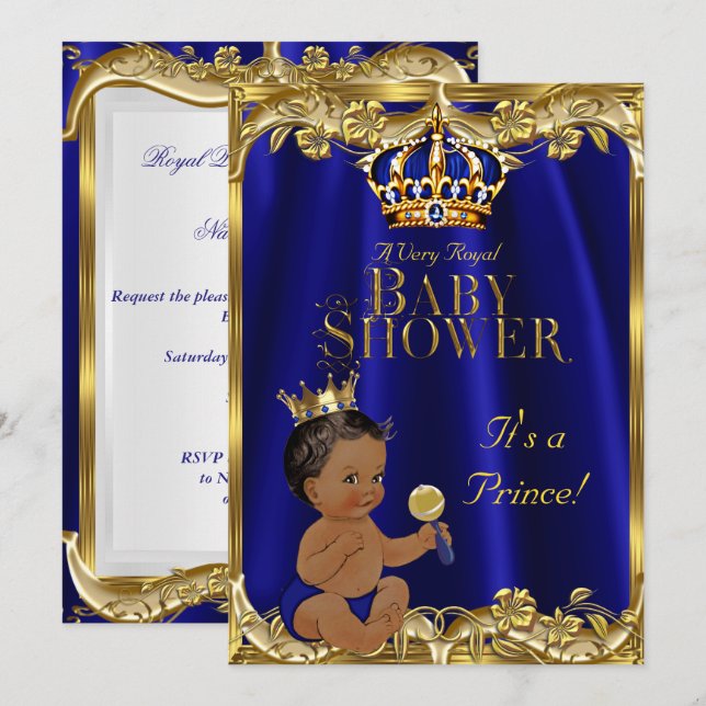 Invitation Bleu Royal Navy Or Prince Bébé Fête Ethnique (Devant / Derrière)