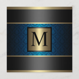 Invitation Bleu royal, noir et or de damassé de monogramme