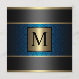 Invitation Bleu royal, noir et or de damassé de monogramme