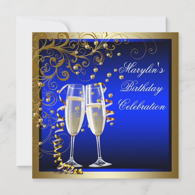 Invitation Bleu Royal Or Bleu Or Femme Anniversaire (Devant)