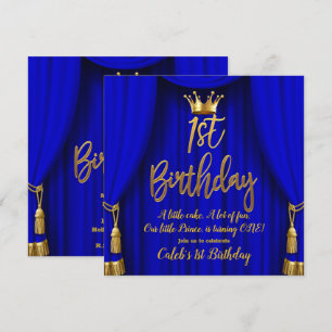 Invitation Bleu Royal & Or Couronne Royale Prince 1er Anniver