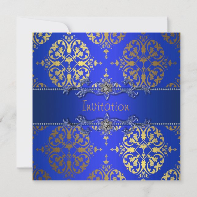 Invitation Bleu Royal Or Damassé Fête Toute Occasion (Devant)