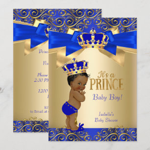 Invitation Bleu Royal Or Damassé Prince Bébé Fête Ethnique