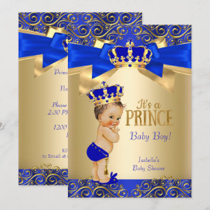 Invitation Bleu Royal Or Damassé Prince Bébé Filleul Brunette