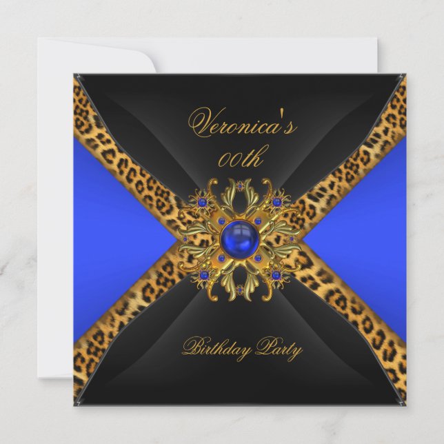 Invitation Bleu Royal Or Noir Léopard Bijou Fête d'Anniversai (Devant)