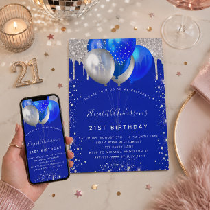 Invitation Bleu royal paillettes argent gouttes ballons anniv
