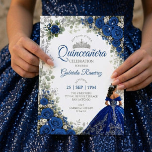Invitation Bleu Royal Quinceañera Papillons Argentés