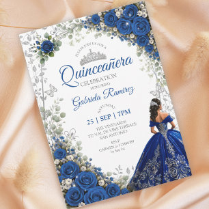 Invitation Bleu Royal Quinceañera Papillons Argentés