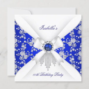 Invitation Bleu Royal Rose Blanche Damassé Perle Anniversaire