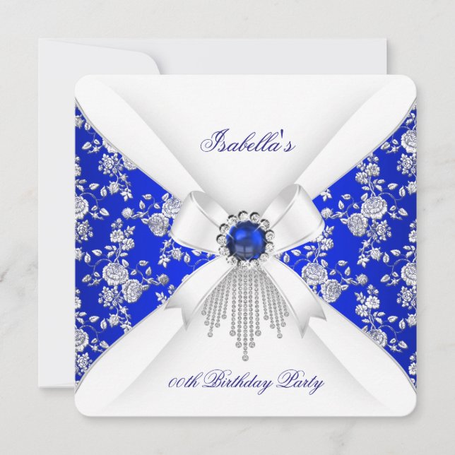 Invitation Bleu Royal Rose Blanche Damassé Perle Anniversaire (Devant)