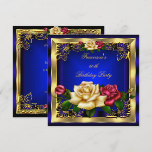 Invitation Bleu Royal Rouge Crème Roses Or Elégant Anniversai