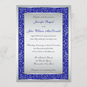 Invitation Bleu royal, rouleaux fleuris argentés épousant