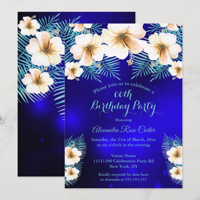 Invitation Bleu Royal Sarcelle Fête d'anniversaire florale Tr (Devant / Derrière)