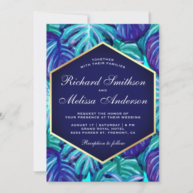 Invitation Bleu Royal Turquoise Or Feuille Tropicale Mariage (Devant)