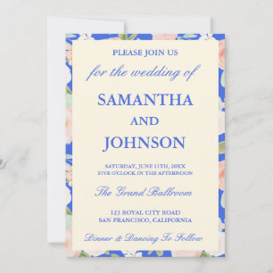 Invitation Bleu Royal Vintage Fleurs de Mariage Photo en Ivoi