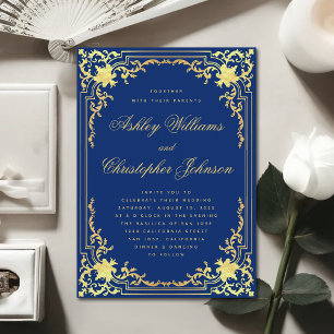 Invitation Bleu Royal Vintage Mariage Élégant Feuille d'Or Fa