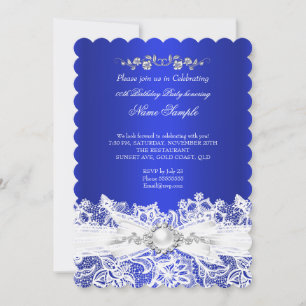 Invitation Bleu Royale Élégant Blanc Dentelle Bijou Nœud Anni