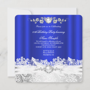 Invitation Bleu Royale Élégant Blanc Dentelle Bijou Nœud Anni