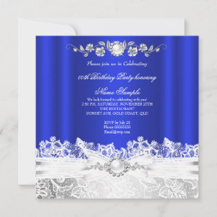 Invitation Bleu Royale Élégant Blanc Dentelle Bijou Nœud Anni
