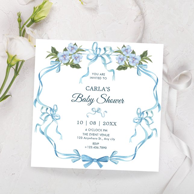 Invitation Bleu ruban baby shower floral (Créateur téléchargé)