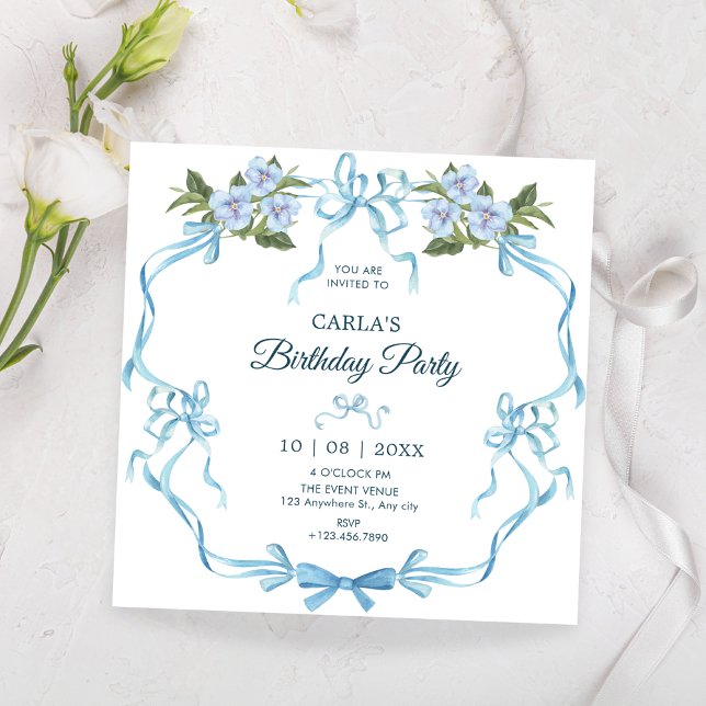 Invitation Bleu ruban fleuri anniversaire (Créateur téléchargé)