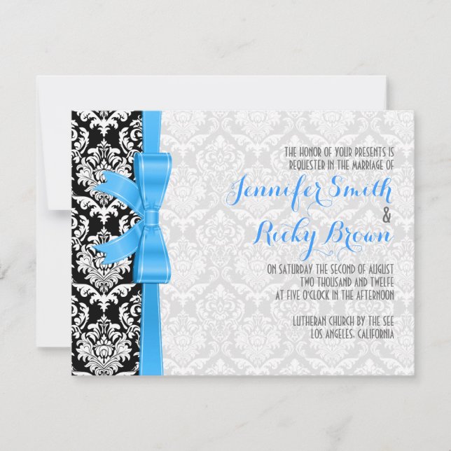 Invitation Bleu Ruban Noir Et Blanc Damas Mariage (Devant)