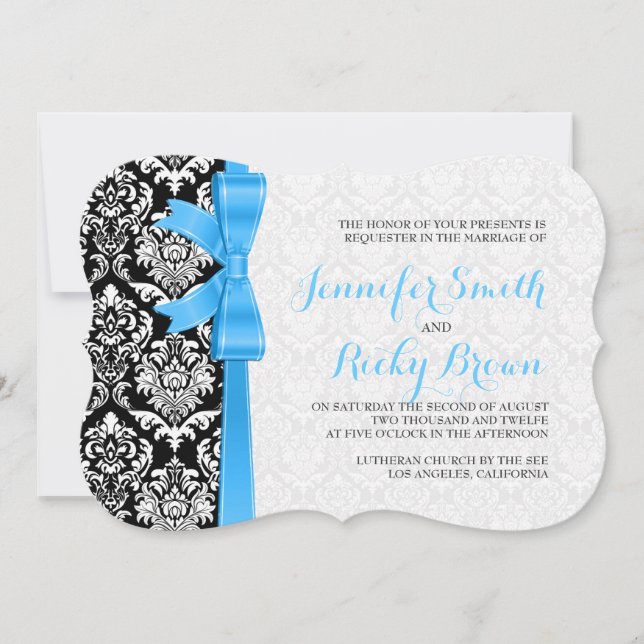Invitation Bleu Ruban Noir Et Blanc Damas Mariage (Devant)