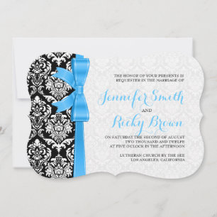 Invitation Bleu Ruban Noir Et Blanc Damas Mariage