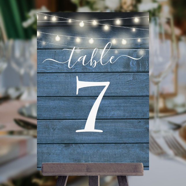 Invitation Bleu Russe Bois Chaîne Lumières Numéro de tableau (Blue Rustic Wood String Lights Table Number)
