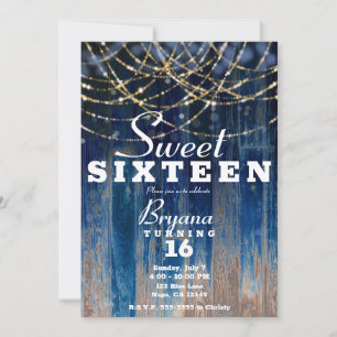 Invitation Bleu rustique Barne Bois Bokeh Sweet 16