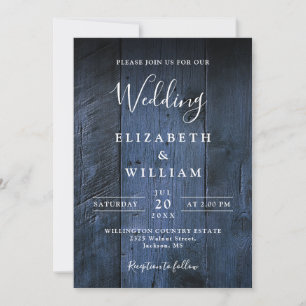 Invitation Bleu Rustique Barne Bois Tout en un Mariage