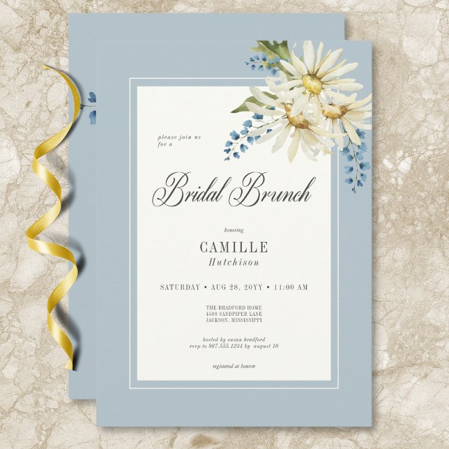 Invitation Bleu rustique & Blancs Brunch nuptial (Rustic Blue & White Daisies Bridal Brunch Invitation)