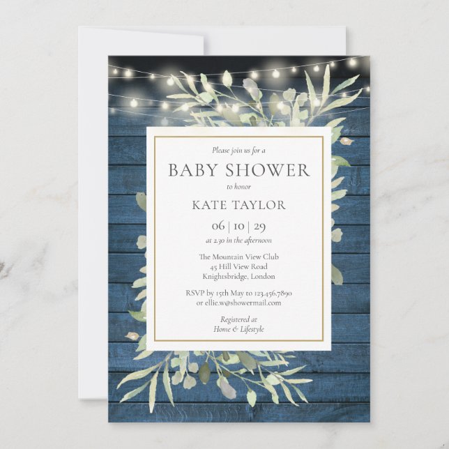 Invitation Bleu Rustique Bois Chaîne Lumières Baby shower de  (Devant)