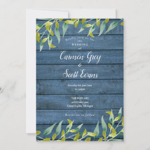 Invitation Bleu Rustique Bois Eucalyptus Mariage de verdure
