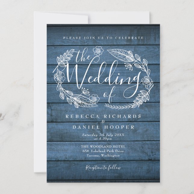Invitation Bleu Rustique Bois Floral Garland Script Mariage (Devant)