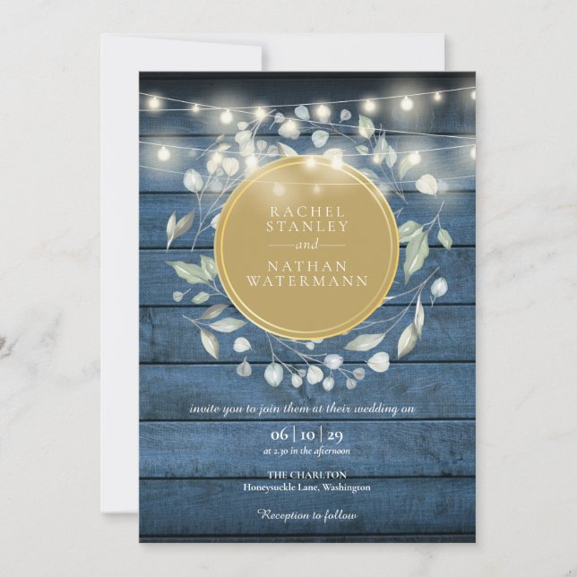 Invitation Bleu Rustique Bois vert String Mariage (Devant)