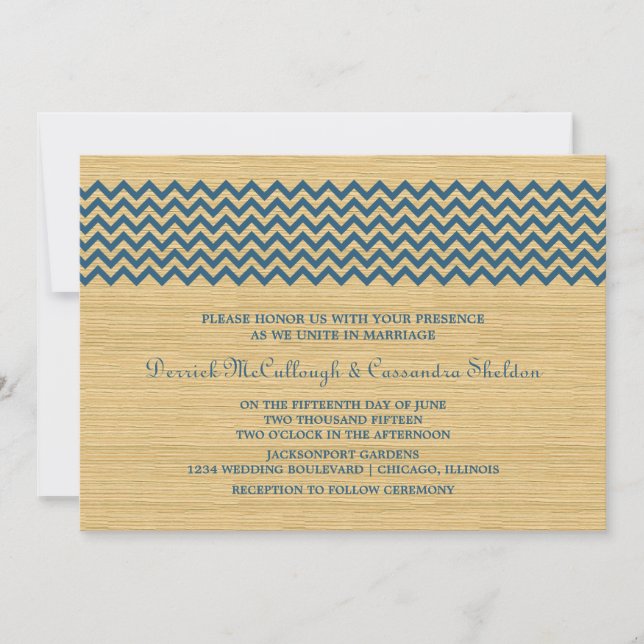 Invitation Bleu Rustique Chevron Mariage Invite (Devant)