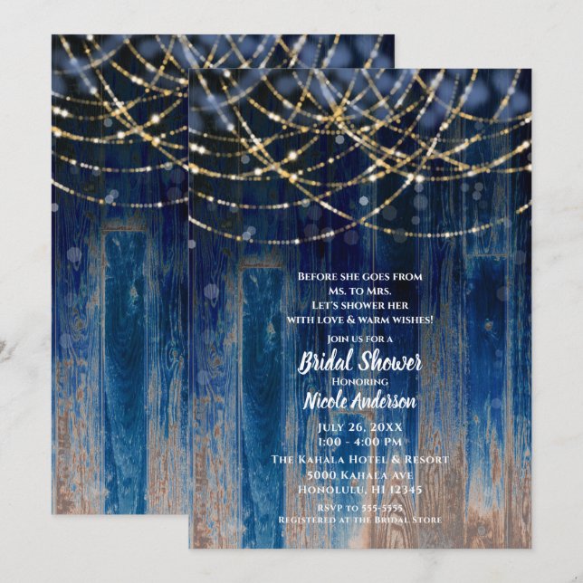 Invitation Bleu Rustique Côtier Grange Bois Bokeh Fête des ma (Devant / Derrière)