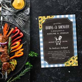 Invitation Bleu rustique En vichy Fleurs de soleil Baby-Q dou