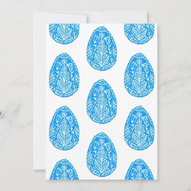 Invitation Bleu Rustique Floral Oeuf de Pâques Linocut (Devant)