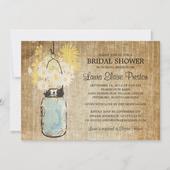Invitation Bleu rustique Mason Jar et Fleur sauvage Daisies (Devant)