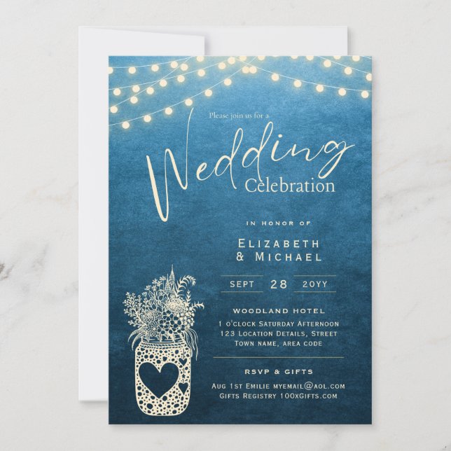 Invitation Bleu Rustique Mason Jar Mariage DIGITAL Imprimer (Devant)