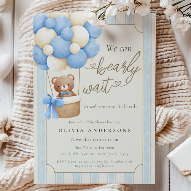 Invitation Bleu Rustique Nous avons hâte Baby Shower (Rustic Blue We can Bearly Wait Baby Shower Invitation)