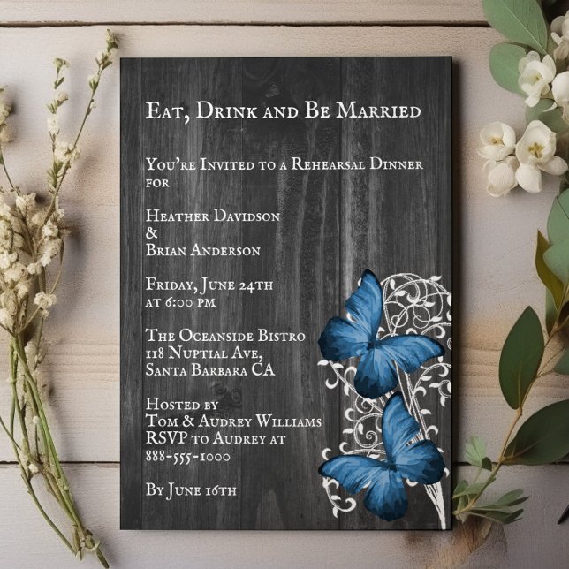 Invitation Bleu Rustique Papillon Mariage Dîner de répétition (Blue Rustic Butterfly Wedding Rehearsal Dinner Invitation)